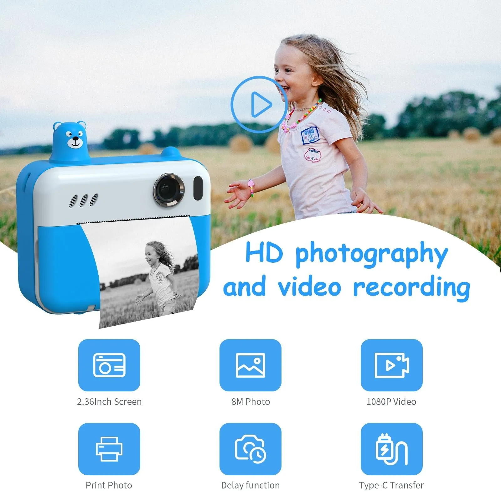 1080p Children's Camera with 2.36 Hd Led Display and Thermal Printing - Instant Capture