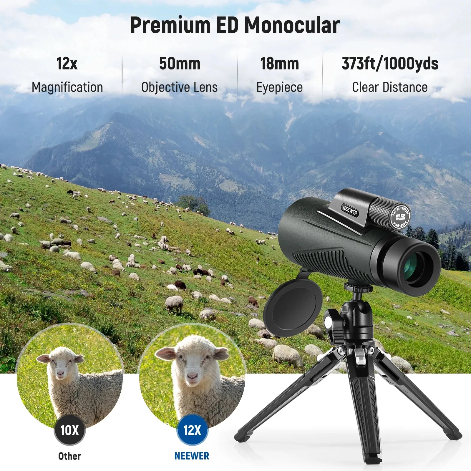 12x50 Ed Monocular Telescope with Phone Clip and Tripod Ipx7 Waterproof Fogproof Shockproof Spotting Scope
