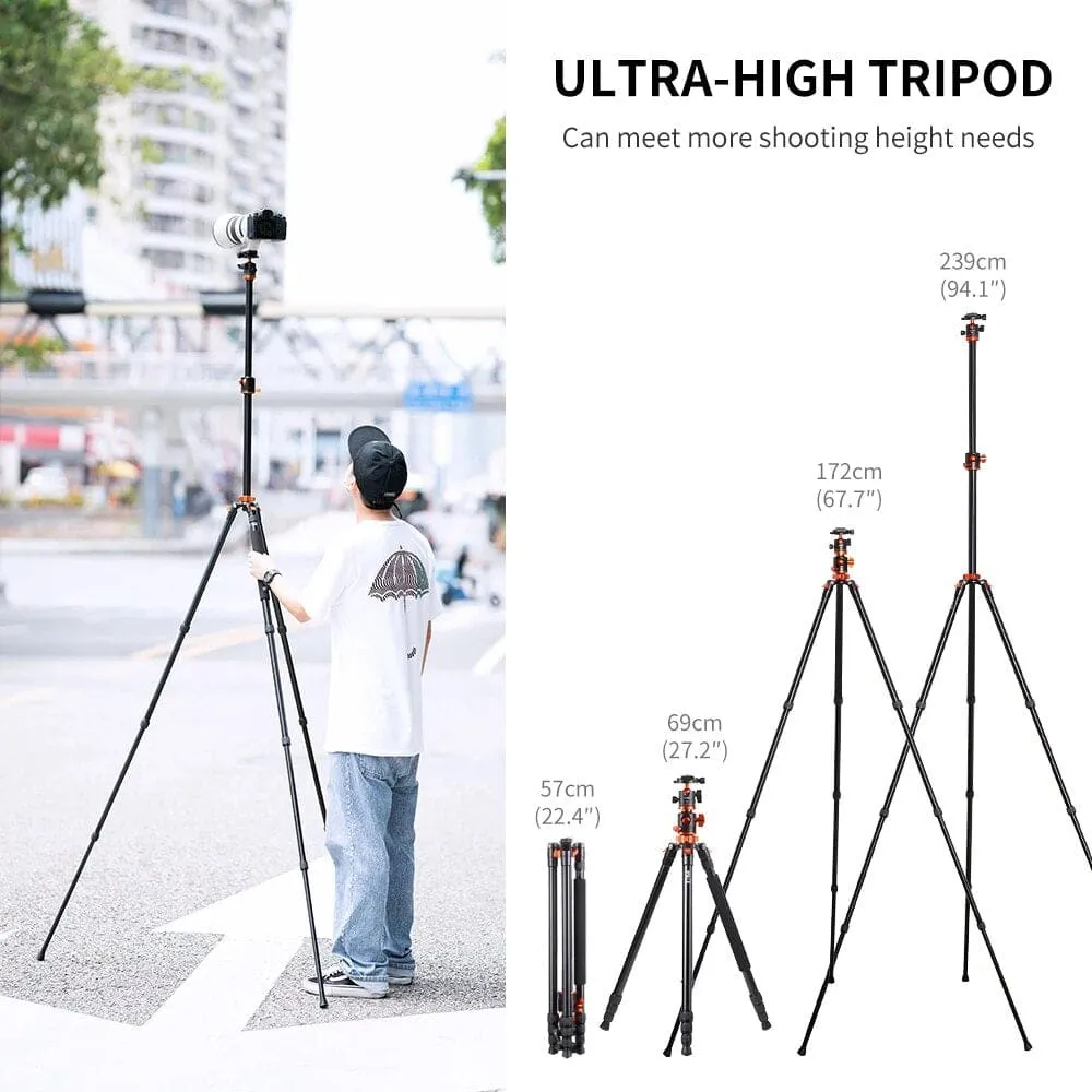 94" 2.4m Overhead Camera Tripod Lightweight Travel Tripod Load with Detachable Monopod for Canon Sony Nikon Dslr