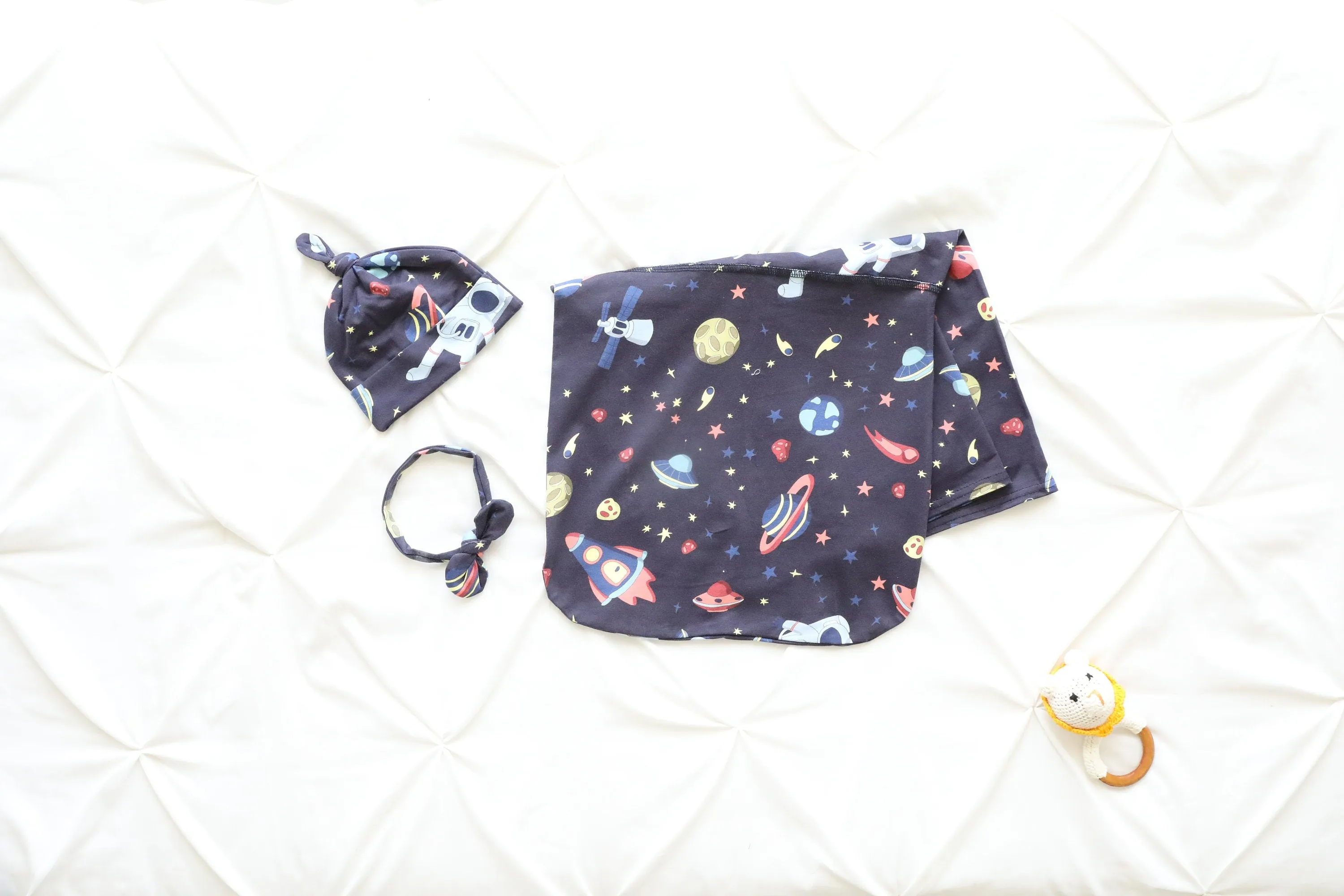 Space Themed Baby Swaddle Blanket, Bow Headband & Personalized Hat  Dreamy Baby Wrap for Sweet Sleep